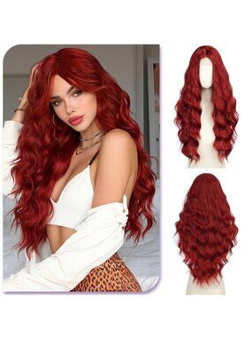 Women's Dark Red lue Long Wavy  Wig for 28 Inch Middle Part Heat Resistant